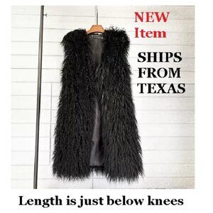 Women's Mongolian lamb faux fur long sleeveless vest in black Size: S-M